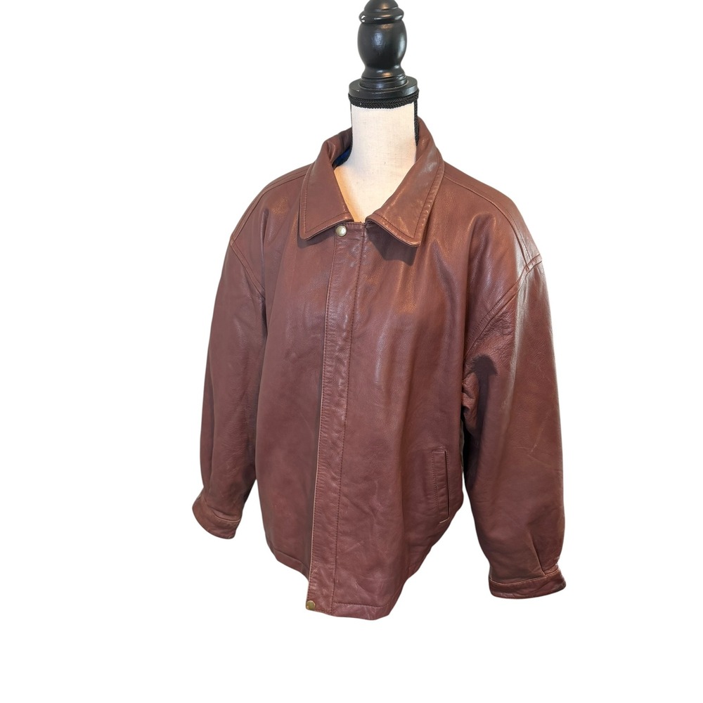 Vintage Merit Awards Mens Brown Genuine Leather Bomber Jacket Large 90s Classic - Picture 2 of 12